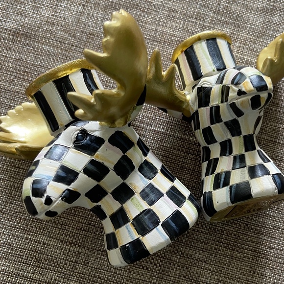 MACKENZIE-CHILDS Courtly Check Moose Candlesticks Set of 2 Black White Gold NEW